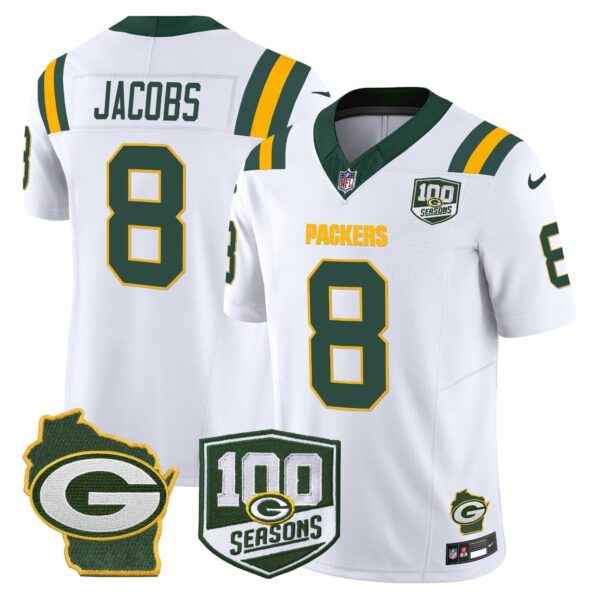Packers 100th Season & Home Patch Vapor Limited Jersey – All Stitched – White – Josh Jacobs Jersey