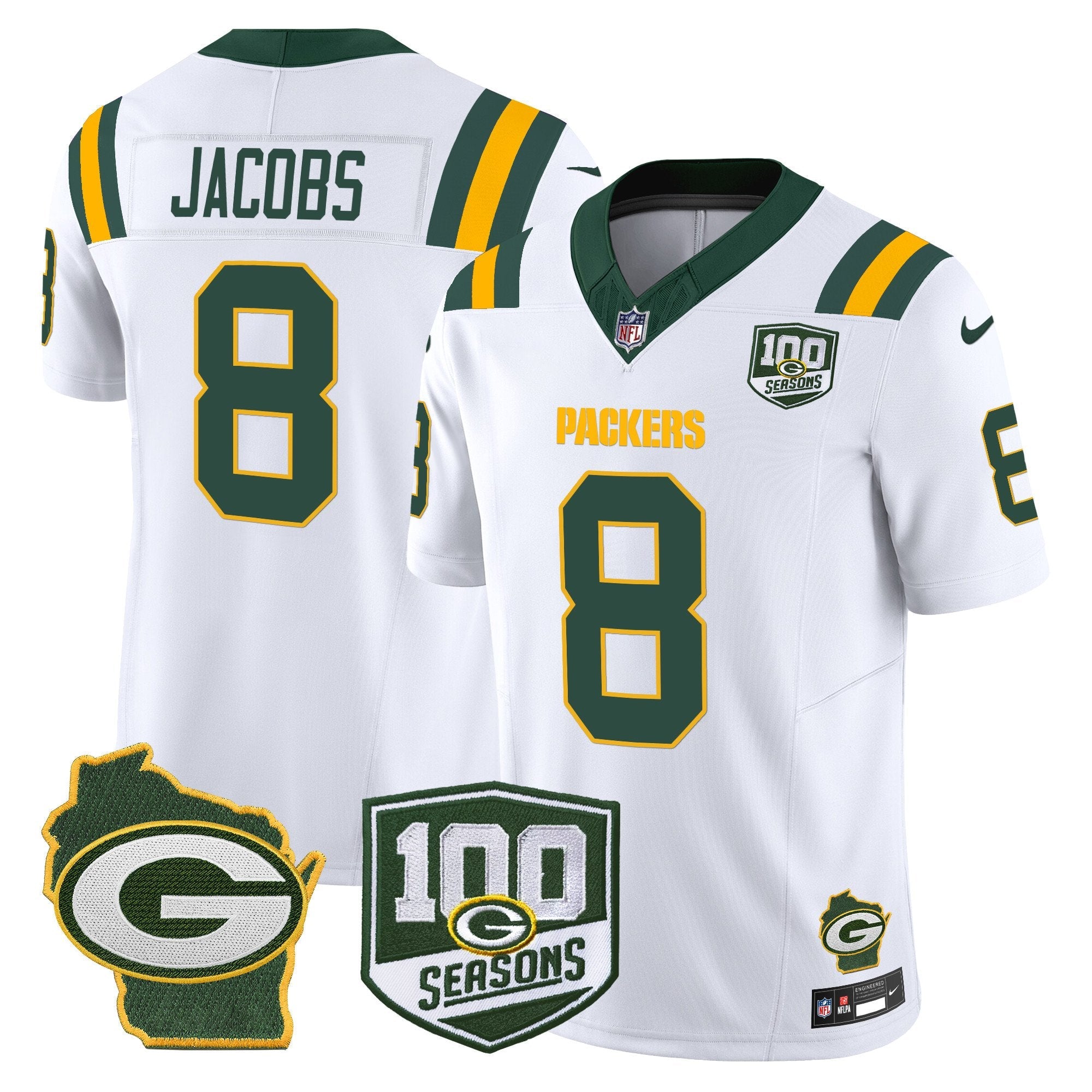 Packers 100th Season & Home Patch Vapor Limited Jersey – All Stitched – White – Josh Jacobs Jersey