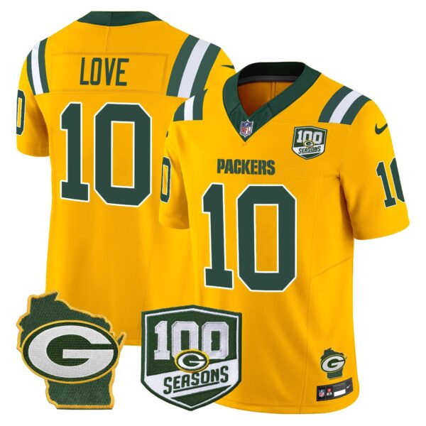 Packers 100th Season & Home Patch Vapor Limited Jersey – All Stitched – Gold – Jordan Love Jersey