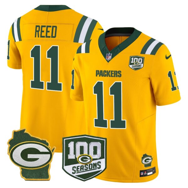Packers 100th Season & Home Patch Vapor Limited Jersey – All Stitched – Gold – Jayden Reed Jersey