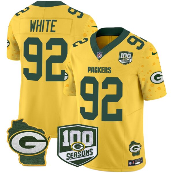 Packers 100th Season & Home Patch Cheese Vapor Limited Jersey – All Stitched – Gold – Reggie White Jersey