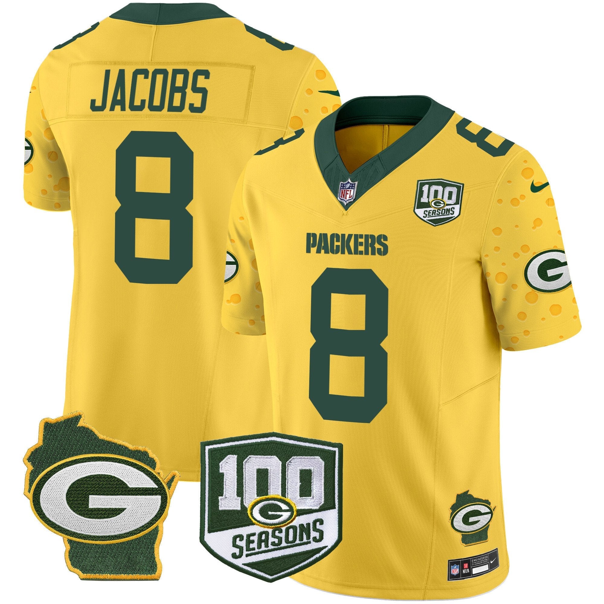 Packers 100th Season & Home Patch Cheese Vapor Limited Jersey – All Stitched – Gold – Josh Jacobs Jersey