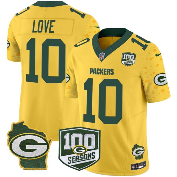 Packers 100th Season & Home Patch Cheese Vapor Limited Jersey – All Stitched – Gold – Jordan Love Jersey