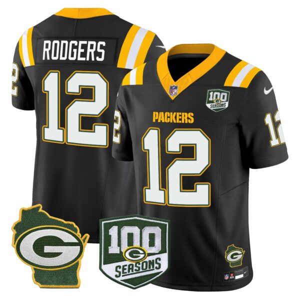 Packers 100th Season & Home Patch Vapor Limited Jersey – All Stitched – Black – Aaron Rodgers Jersey