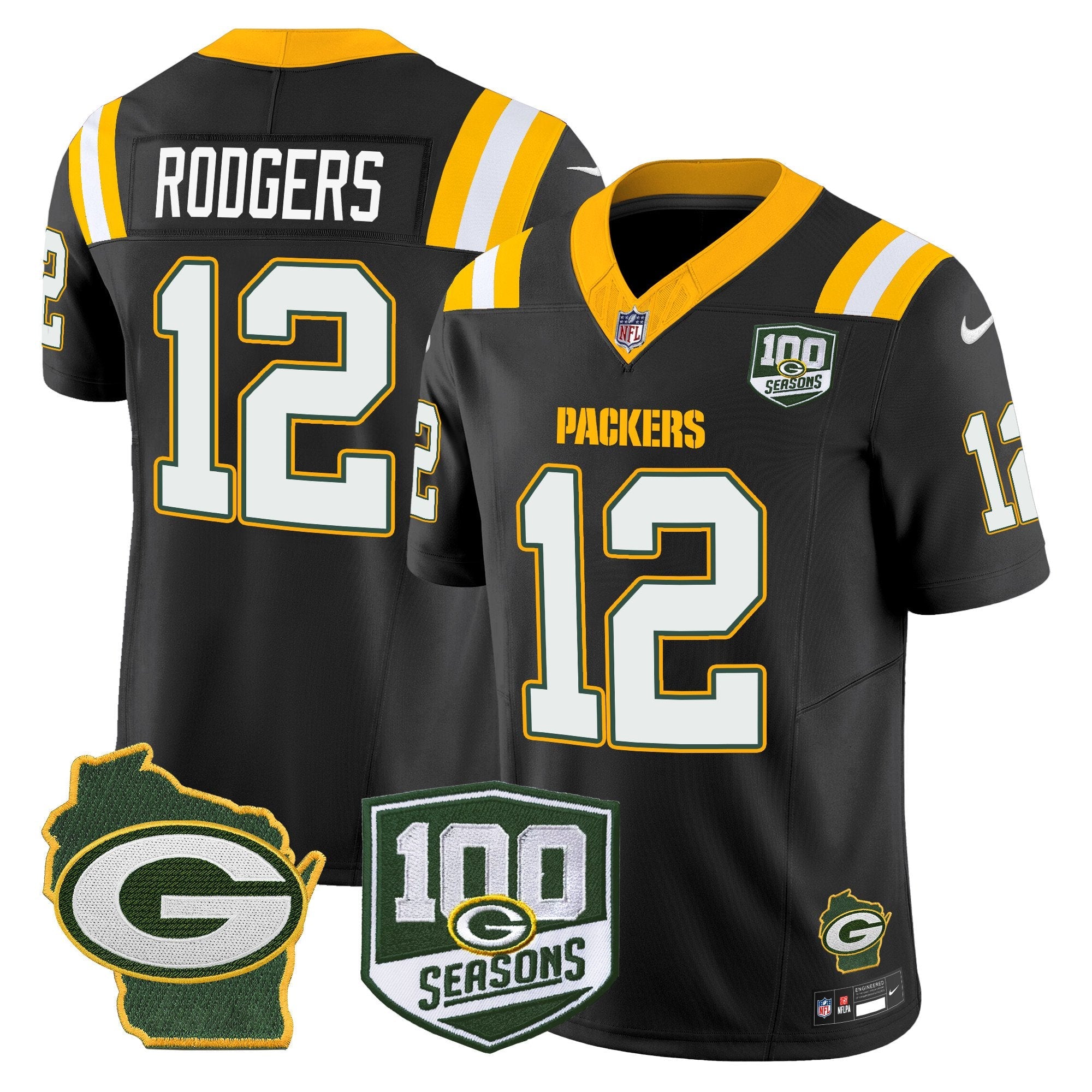 Packers 100th Season & Home Patch Vapor Limited Jersey – All Stitched – Black – Aaron Rodgers Jersey