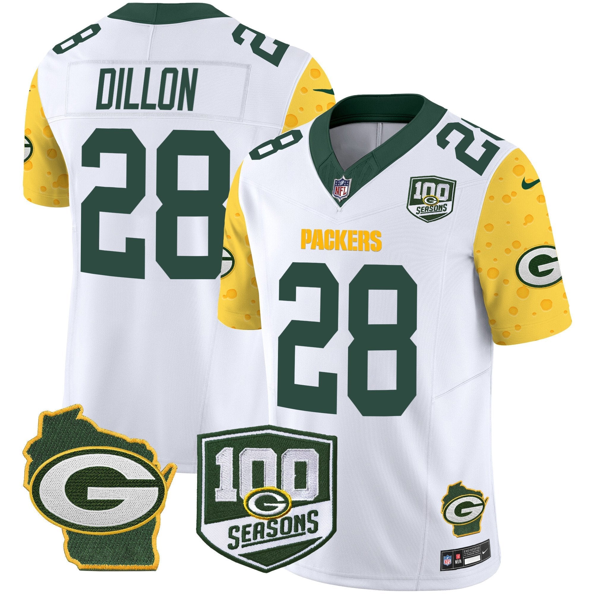 Packers 100th Season & Home Patch Cheese Vapor Limited Jersey – All Stitched – White – AJ Dillon Jersey