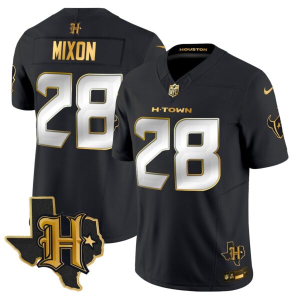 Houston Texans 2024 Texas Patch Gold Vapor Limited Jersey – All Stitched – Black Limited – Joe Mixon Jersey