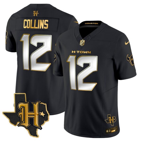 Houston Texans 2024 Texas Patch Gold Vapor Limited Jersey – All Stitched – Black Limited – Nico Collins Jersey