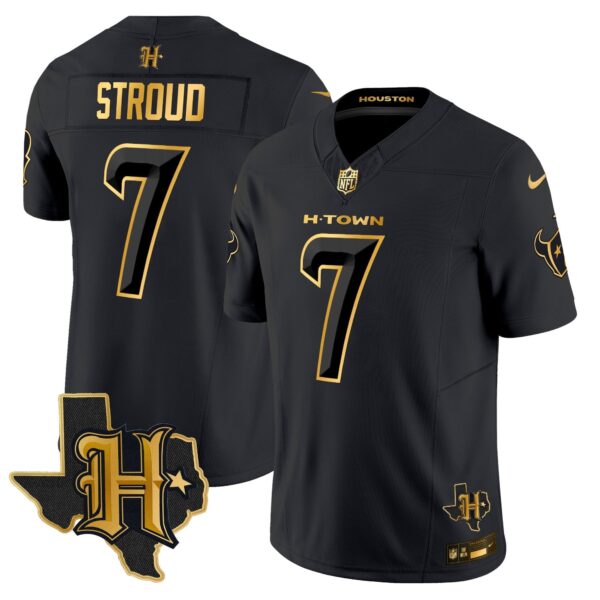 Houston Texans 2024 Texas Patch Gold Vapor Limited Jersey – All Stitched – Black Gold – C.J. Stroud Jersey
