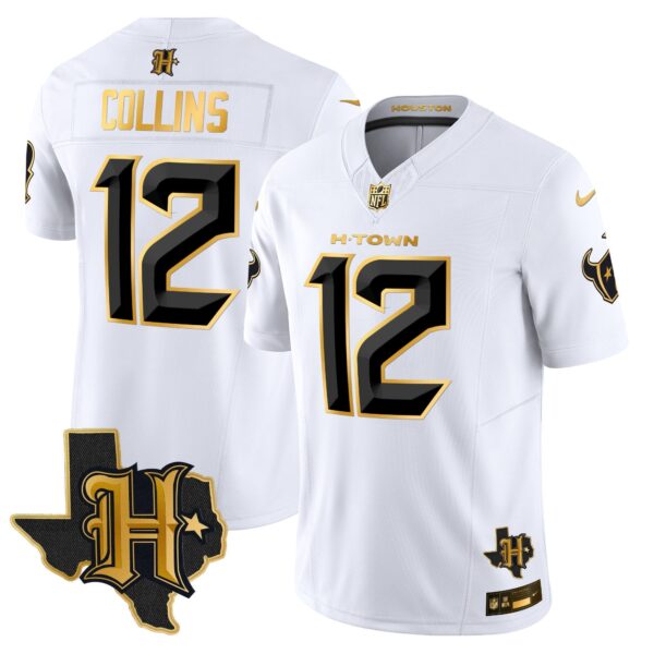 Houston Texans 2024 Texas Patch Gold Vapor Limited Jersey – All Stitched – White Gold – Nico Collins Jersey