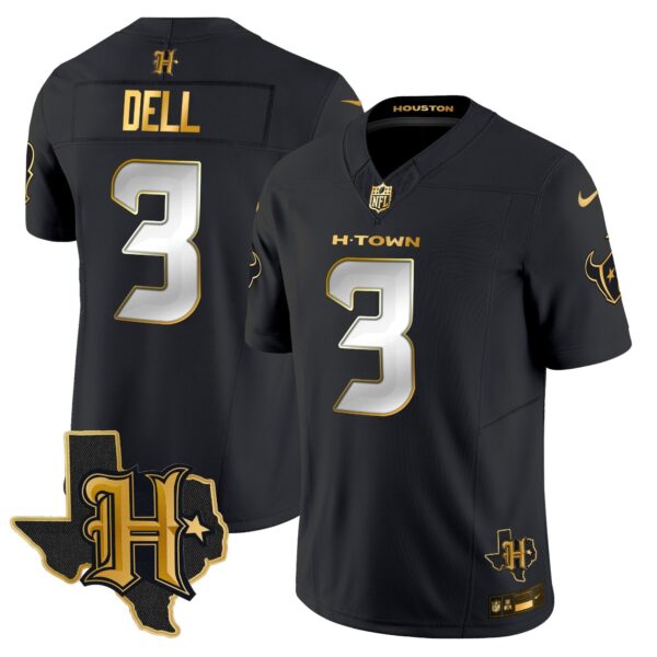 Houston Texans 2024 Texas Patch Gold Vapor Limited Jersey – All Stitched – Black Limited – Tank Dell Jersey
