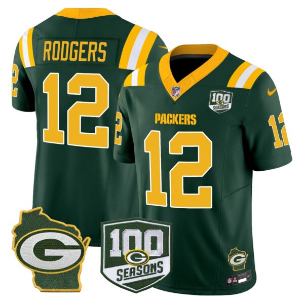 Packers 100th Season & Home Patch Vapor Limited Jersey – All Stitched – Green – Aaron Rodgers Jersey