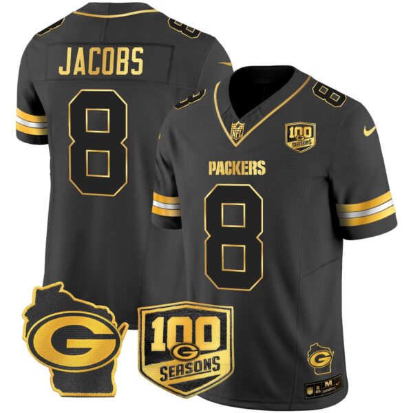 Packers 100th Season & Home Patch Gold Vapor Limited Jersey – All Stitched – Black Gold – Josh Jacobs Jersey