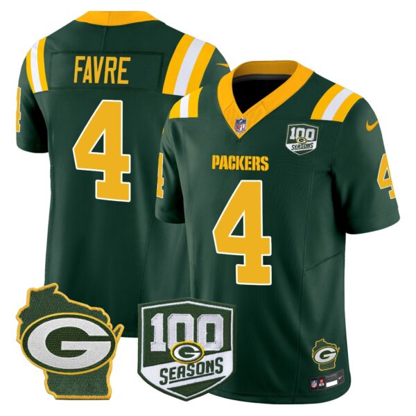Packers 100th Season & Home Patch Vapor Limited Jersey – All Stitched – Green – Brett Favre Jersey