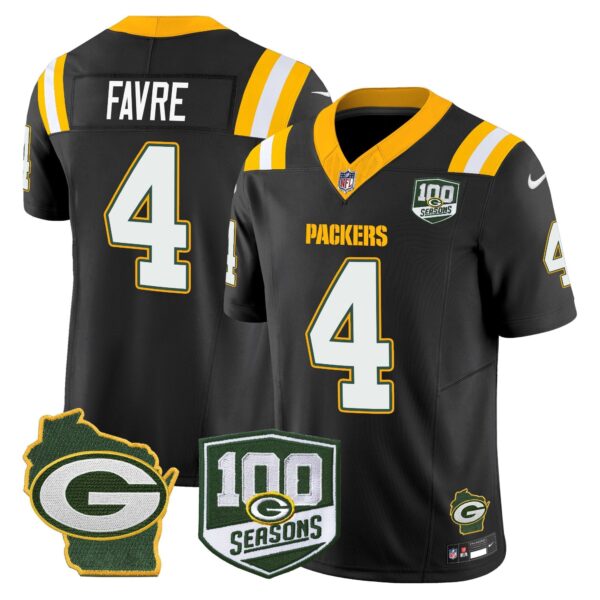 Packers 100th Season & Home Patch Vapor Limited Jersey – All Stitched – Black – Brett Favre Jersey