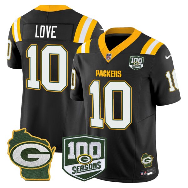 Packers 100th Season & Home Patch Vapor Limited Jersey – All Stitched – Black – Jordan Love Jersey