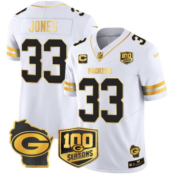 Packers 100th Season & Home Patch Gold Vapor Limited Jersey – All Stitched – White Gold – Aaron Jones Jersey