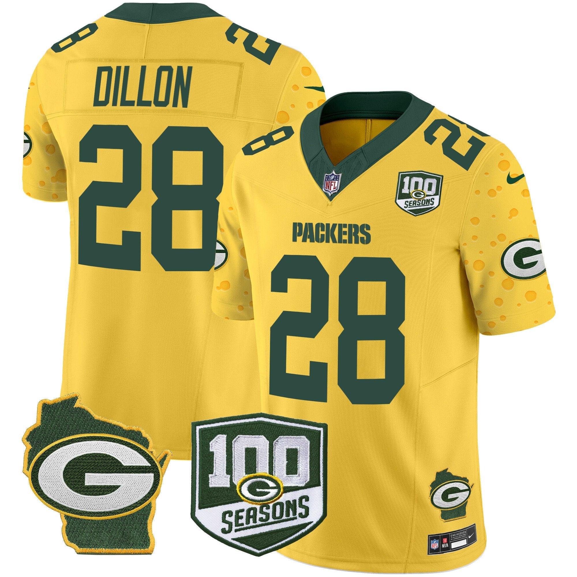 Packers 100th Season & Home Patch Cheese Vapor Limited Jersey – All Stitched – Gold – AJ Dillon Jersey