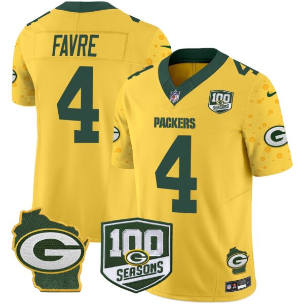 Packers 100th Season & Home Patch Cheese Vapor Limited Jersey – All Stitched – Gold – Brett Favre Jersey