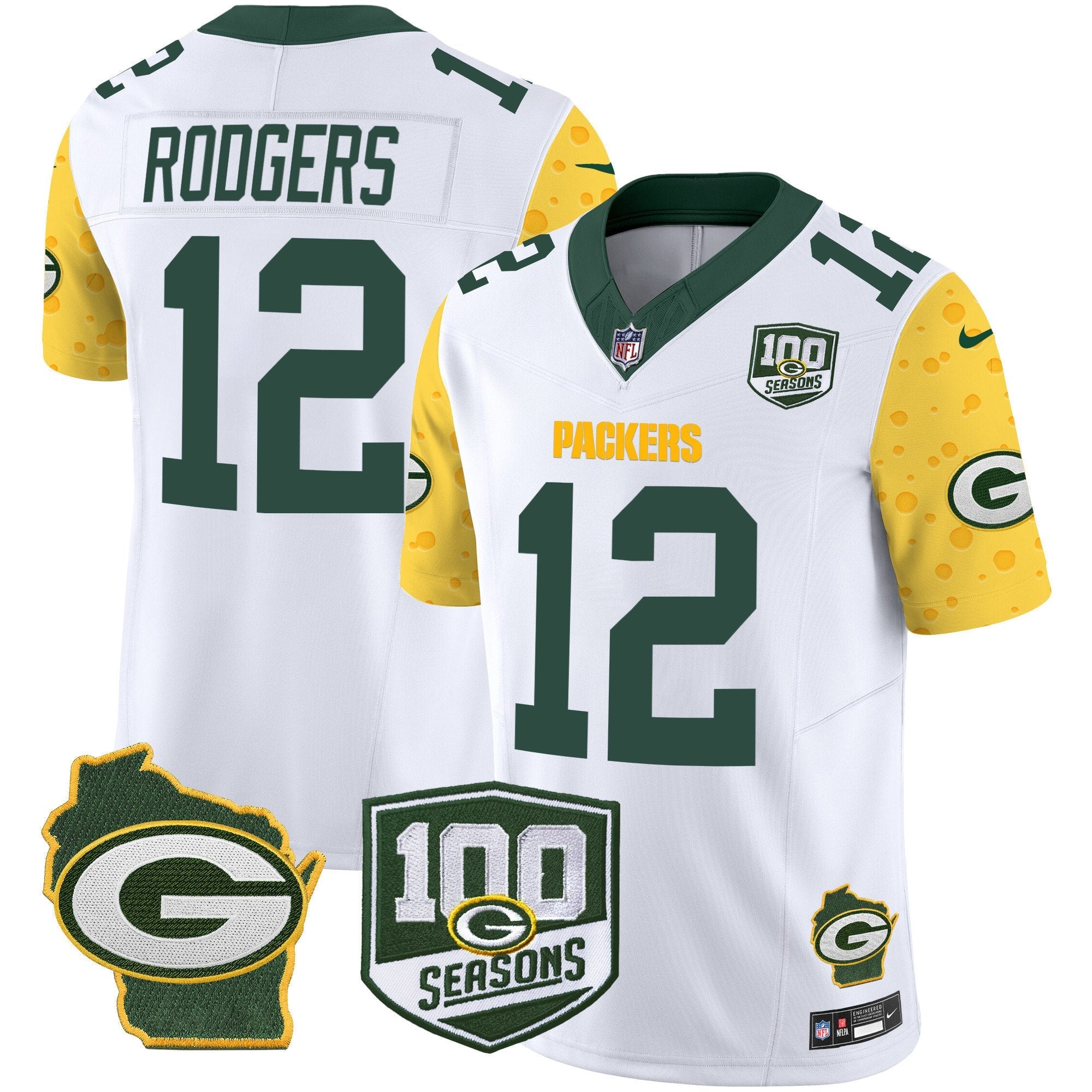 Packers 100th Season & Home Patch Cheese Vapor Limited Jersey – All Stitched – White – Aaron Rodgers Jersey