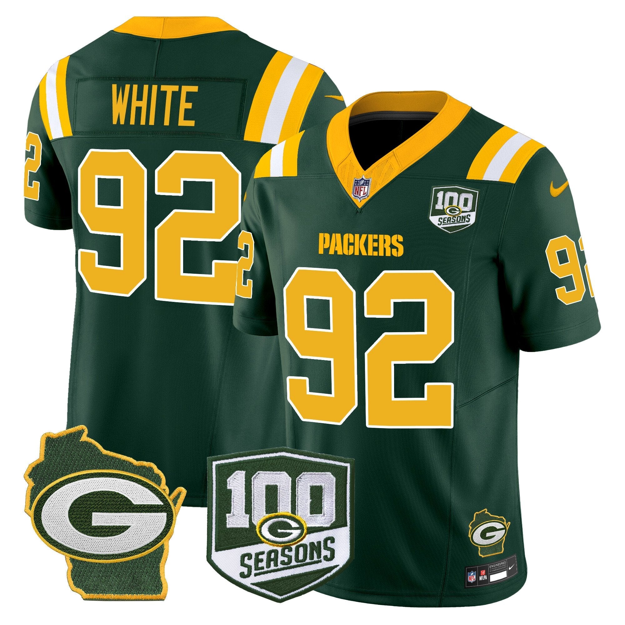 Packers 100th Season & Home Patch Vapor Limited Jersey – All Stitched – Green – Reggie White Jersey