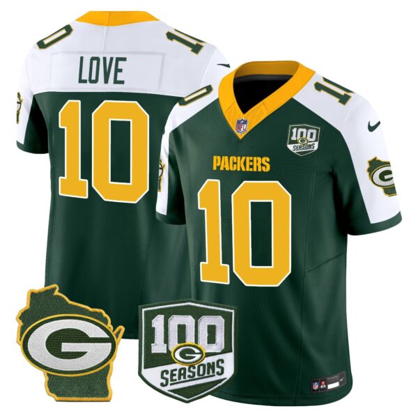 Packers 100th Season & Home Patch Vapor Limited Jersey – All Stitched – Green Alternate – Jordan Love Jersey
