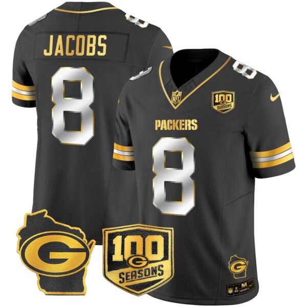 Packers 100th Season & Home Patch Gold Vapor Limited Jersey – All Stitched – Black Limited – Josh Jacobs Jersey