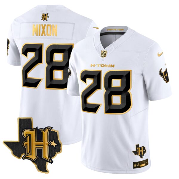Houston Texans 2024 Texas Patch Gold Vapor Limited Jersey – All Stitched – White Gold – Joe Mixon Jersey