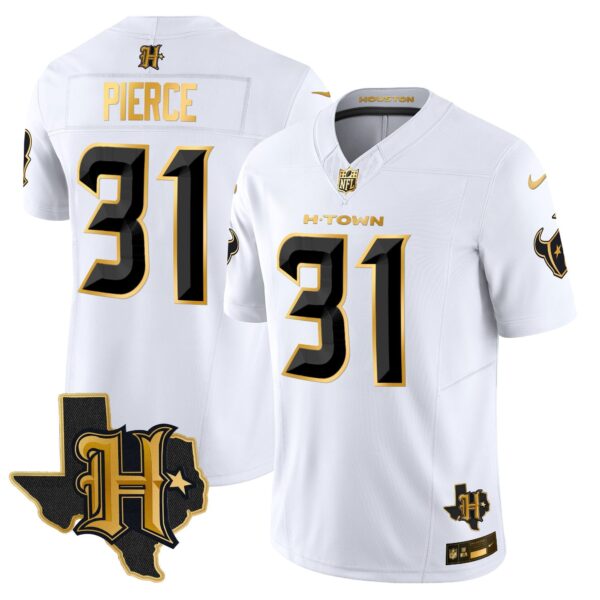 Houston Texans 2024 Texas Patch Gold Vapor Limited Jersey – All Stitched – White Gold – Dameon Pierce Jersey