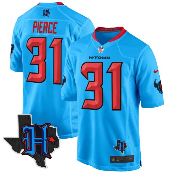 Houston Texans 2024 Texas Patch Game Jersey – All Stitched – Blue – Dameon Pierce Jersey