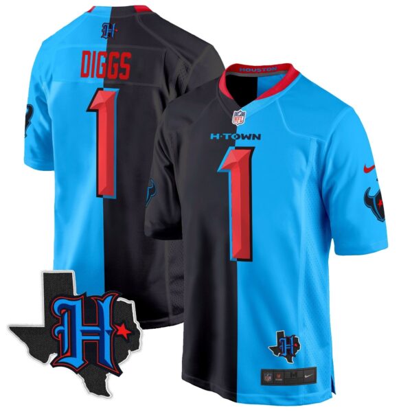 Houston Texans 2024 Texas Patch Game Jersey – All Stitched – Split – Stefon Diggs Jersey