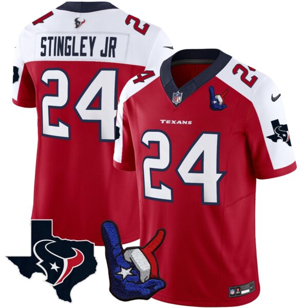 Houston Texans Hand Sign Throwing Up The H Vapor Jersey – All Stitched – Red Alternate – Derek Stingley Jr. Jersey