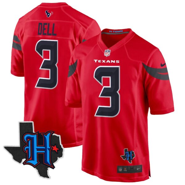 Houston Texans 2024 Texas Patch Game Jersey – All Stitched – Red – Tank Dell Jersey