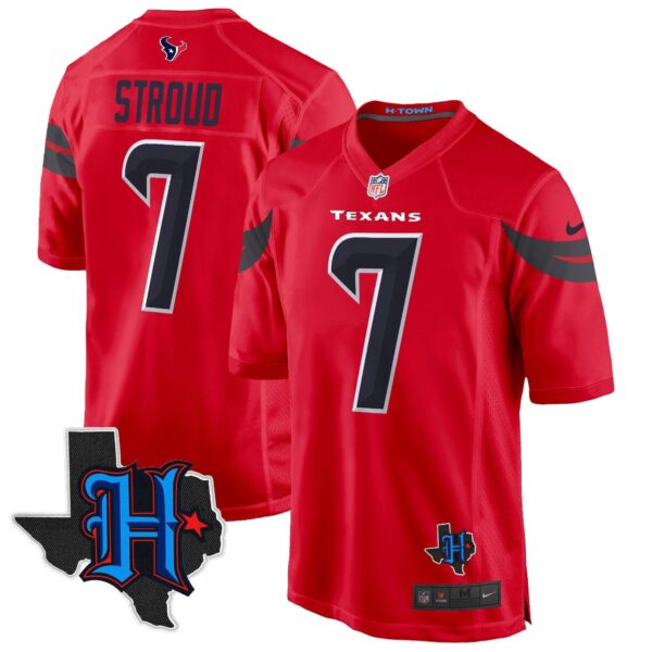 Houston Texans 2024 Texas Patch Game Jersey – All Stitched – Red – C.J. Stroud Jersey