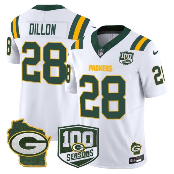 Packers 100th Season & Home Patch Vapor Limited Jersey – All Stitched – White – AJ Dillon Jersey