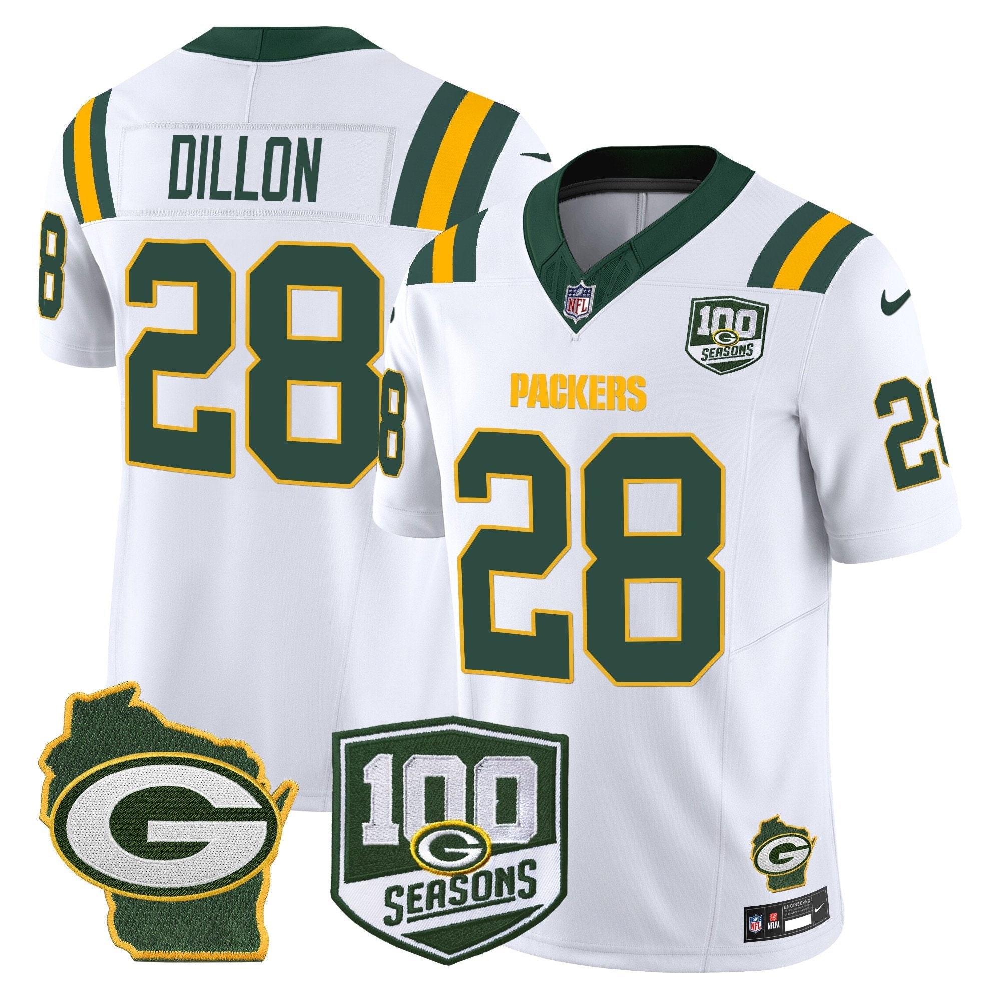 Packers 100th Season & Home Patch Vapor Limited Jersey – All Stitched – White – AJ Dillon Jersey