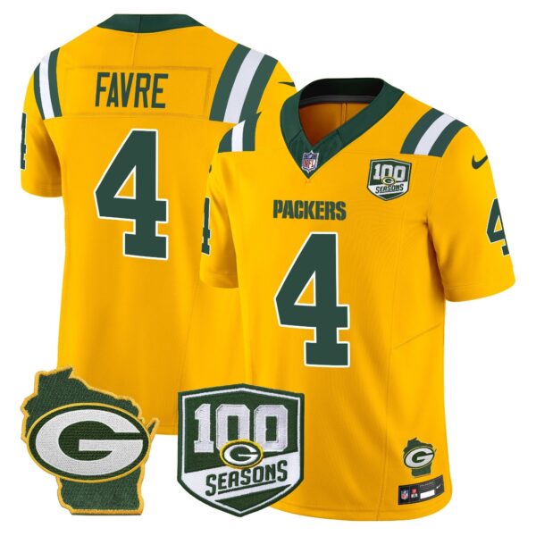 Packers 100th Season & Home Patch Vapor Limited Jersey – All Stitched – Gold – Brett Favre Jersey