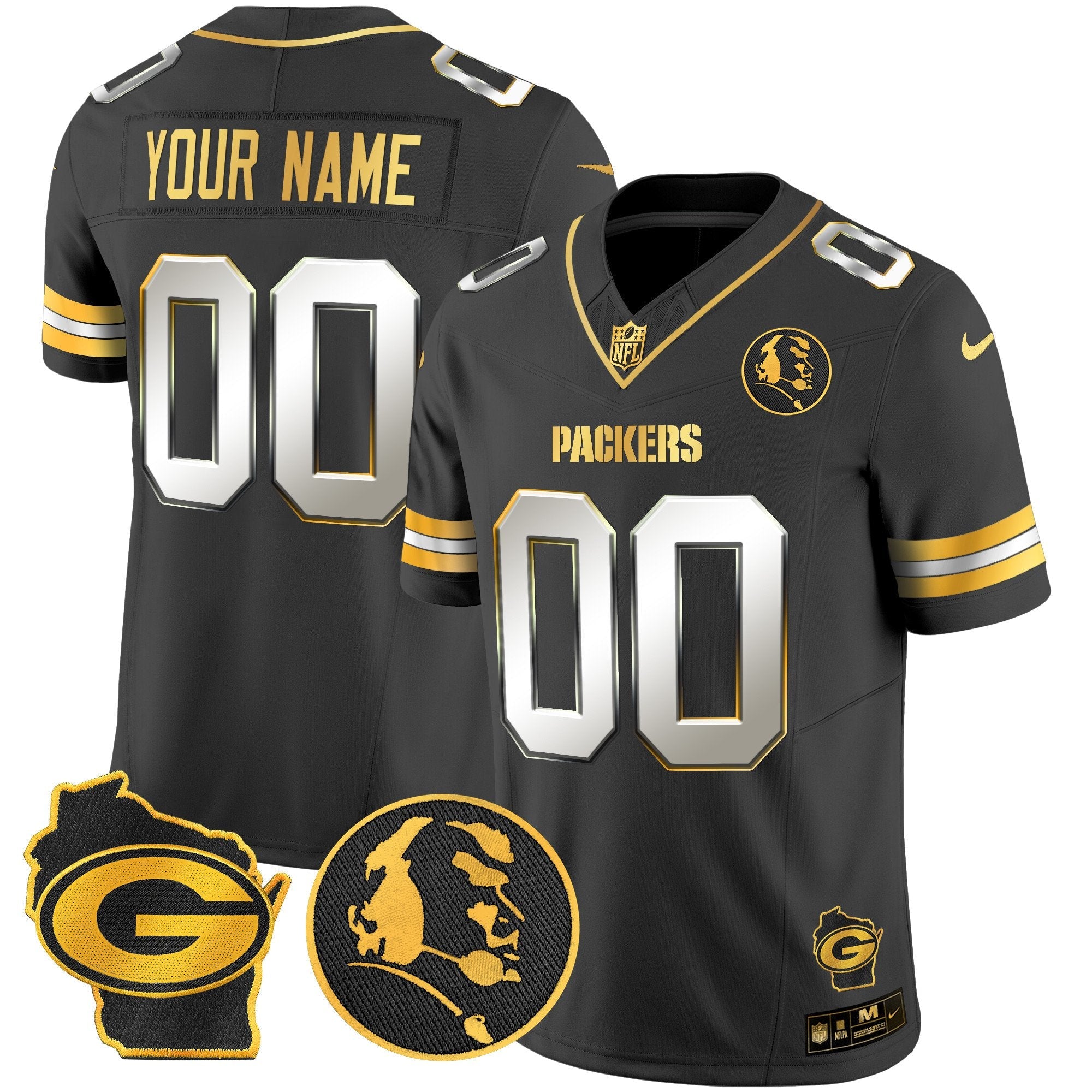 Packers John Madden & Home Patch Gold Vapor Limited Custom Jersey – All Stitched – Black Limited Jersey
