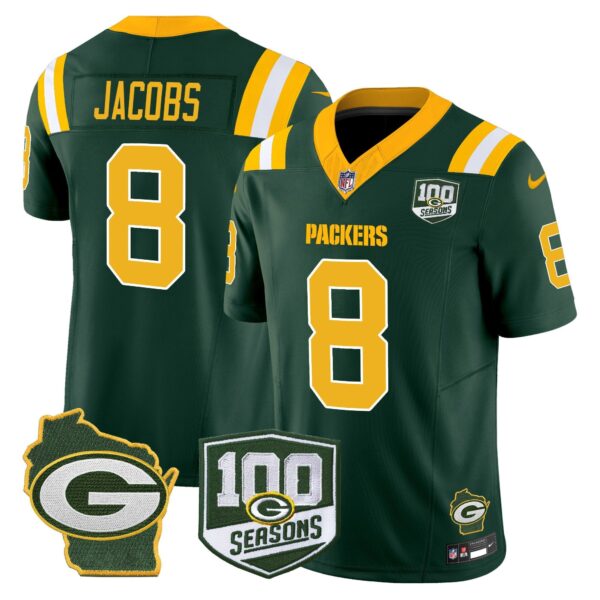 Packers 100th Season & Home Patch Vapor Limited Jersey – All Stitched – Green – Josh Jacobs Jersey