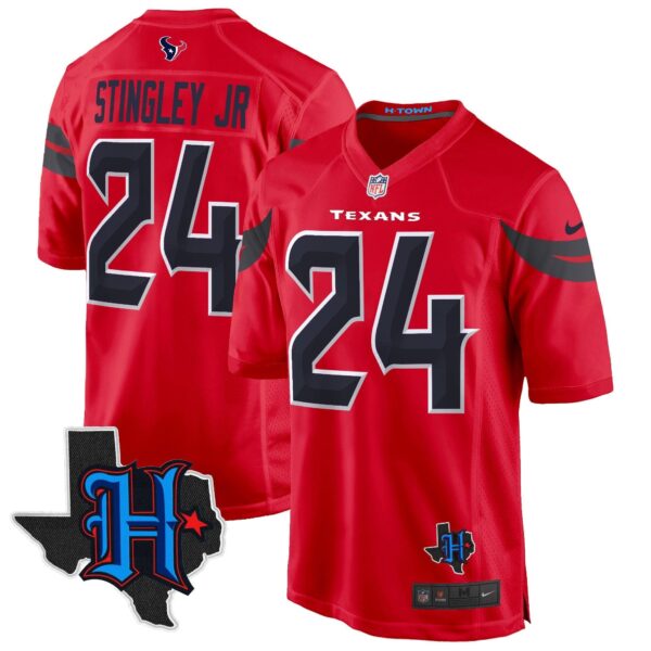 Houston Texans 2024 Texas Patch Game Jersey – All Stitched – Red – Derek Stingley Jr. Jersey