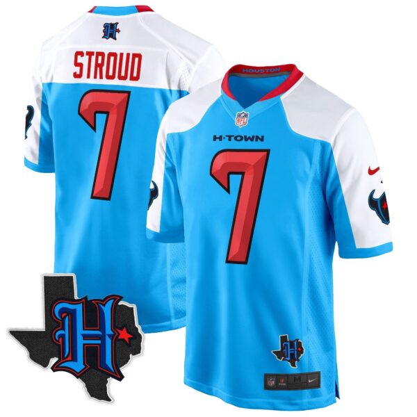 Houston Texans 2024 Texas Patch Game Jersey – All Stitched – Blue Alternate – C.J. Stroud Jersey