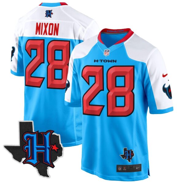 Houston Texans 2024 Texas Patch Game Jersey – All Stitched – Blue Alternate – Joe Mixon Jersey
