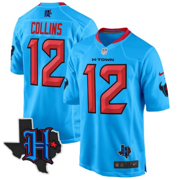 Houston Texans 2024 Texas Patch Game Jersey – All Stitched – Blue – Nico Collins Jersey
