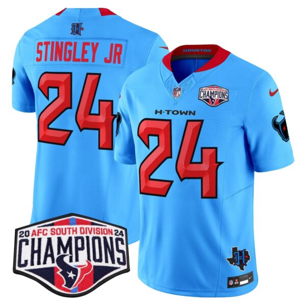 Houston Texans 2024 AFC South Division Champions Patch Vapor Limited Jersey – All Stitched – Blue. – Derek Stingley Jr. Jersey
