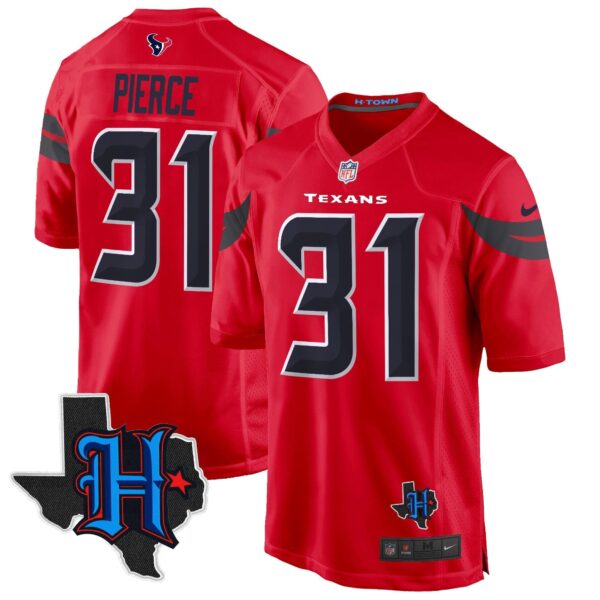 Houston Texans 2024 Texas Patch Game Jersey – All Stitched – Red – Dameon Pierce Jersey