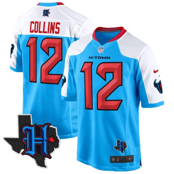 Houston Texans 2024 Texas Patch Game Jersey – All Stitched – Blue Alternate – Nico Collins Jersey