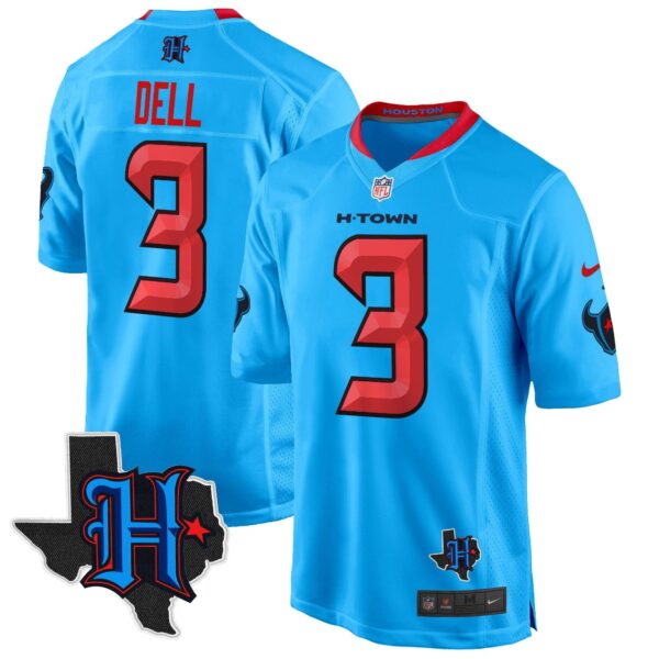 Houston Texans 2024 Texas Patch Game Jersey – All Stitched – Blue – Tank Dell Jersey
