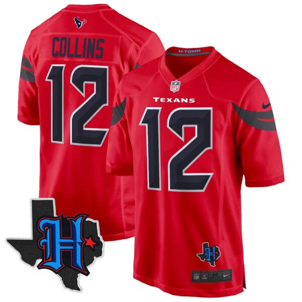 Houston Texans 2024 Texas Patch Game Jersey – All Stitched – Red – Nico Collins Jersey