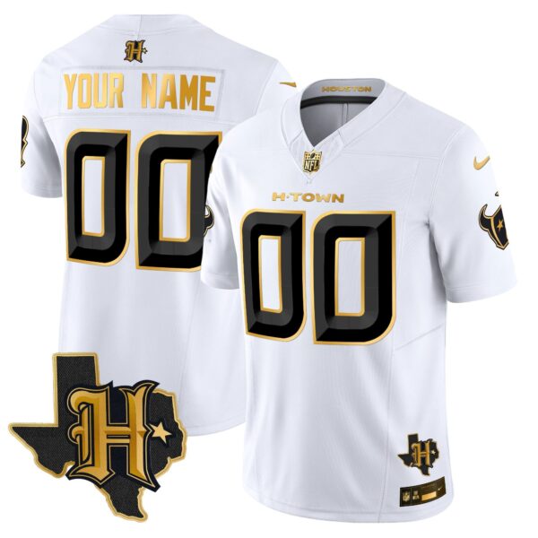 Houston Texans 2024 Texas Patch Gold Vapor Limited Custom Jersey – All Stitched – White Gold Jersey