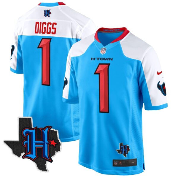 Houston Texans 2024 Texas Patch Game Jersey – All Stitched – Blue Alternate – Stefon Diggs Jersey